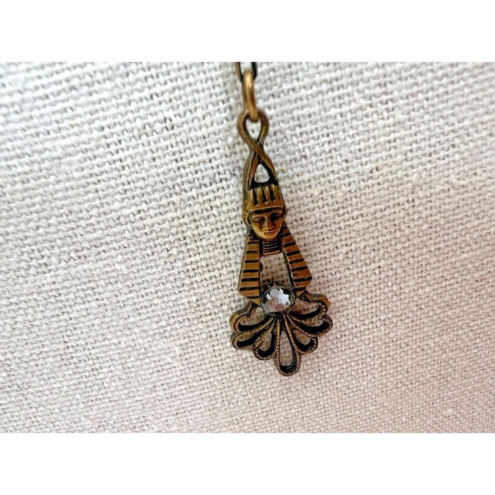 Vintage Egyptian Revival Necklace Pharaoh Pendant Brass Tone Art Deco Figural - Picture 3 of 16